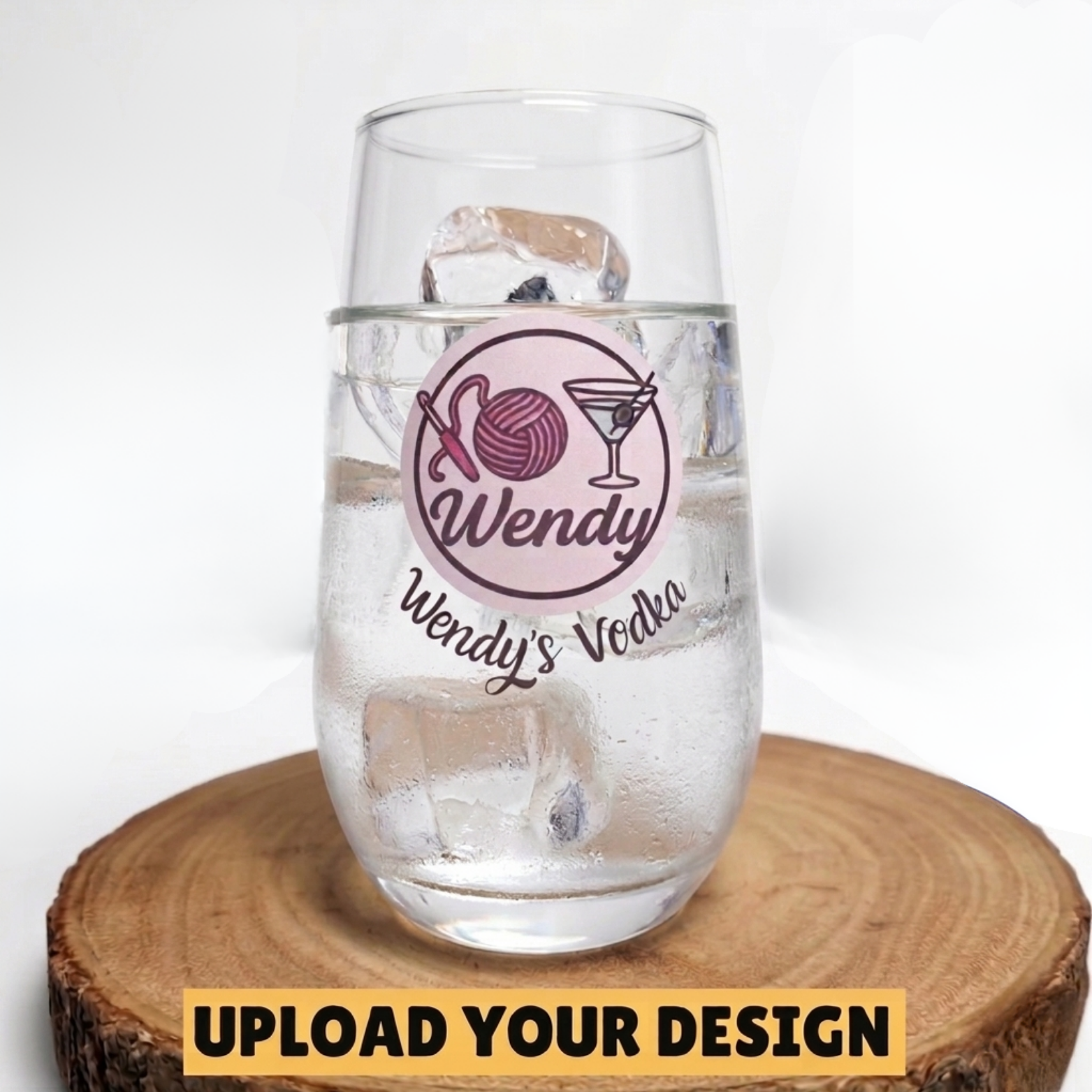 Personalised stemless glass with custom uploaded knitting and cocktail design with name, unique gift for her