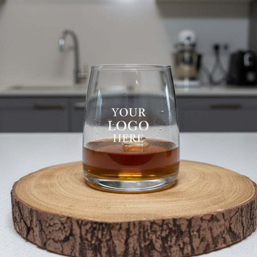 Personalised stemless whiskey glass with Celtic uploaded design filled with golden whiskey, unique birthday and Christmas gift for him
