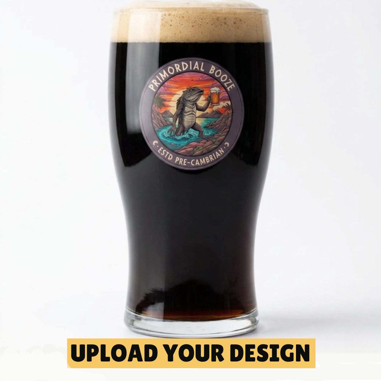 Personalised traditional tulip pint glass with custom uploaded Primordial Booze dinosaur badge design filled with dark stout