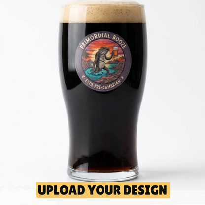 Personalised traditional tulip pint glass with custom uploaded Primordial Booze dinosaur badge design filled with dark stout