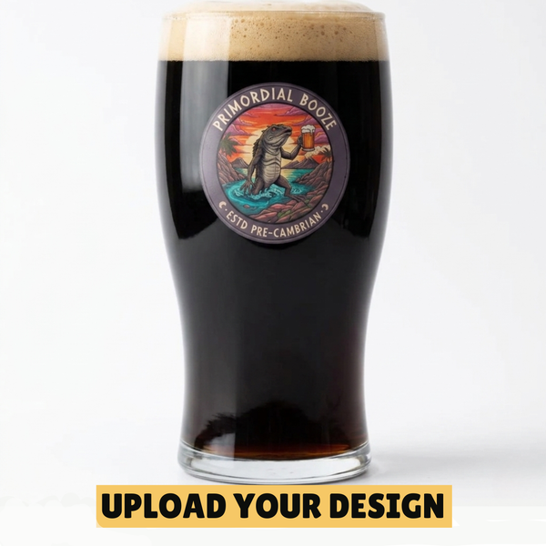 Personalised traditional tulip pint glass with custom uploaded Primordial Booze dinosaur badge design filled with dark stout