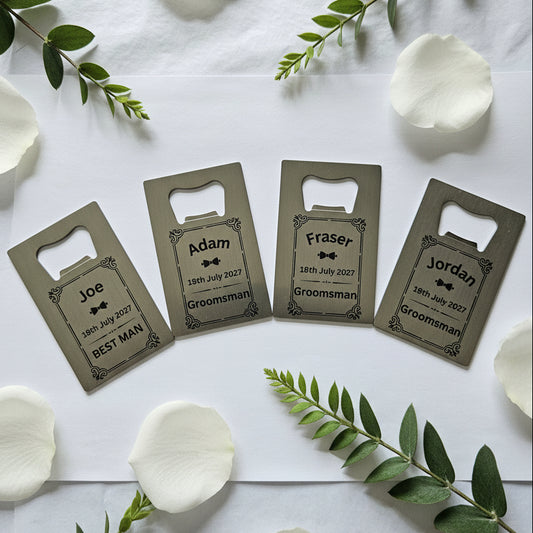 Four personalised Stainless Steel wedding bottle openers for groomsman best man