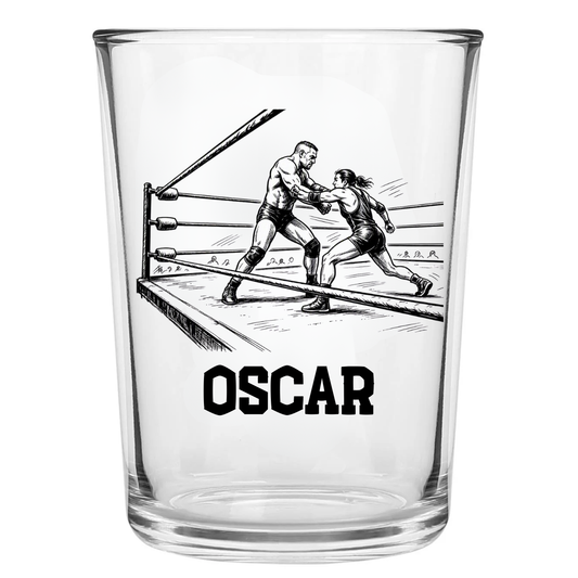 Personalised wrestling conical pint glass custom printed with action grapple scene showing two wrestlers in ring sketch style with personalised name below on white background