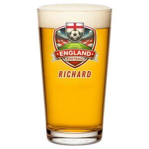 Personalised England football pint glass custom printed with name and England crest design