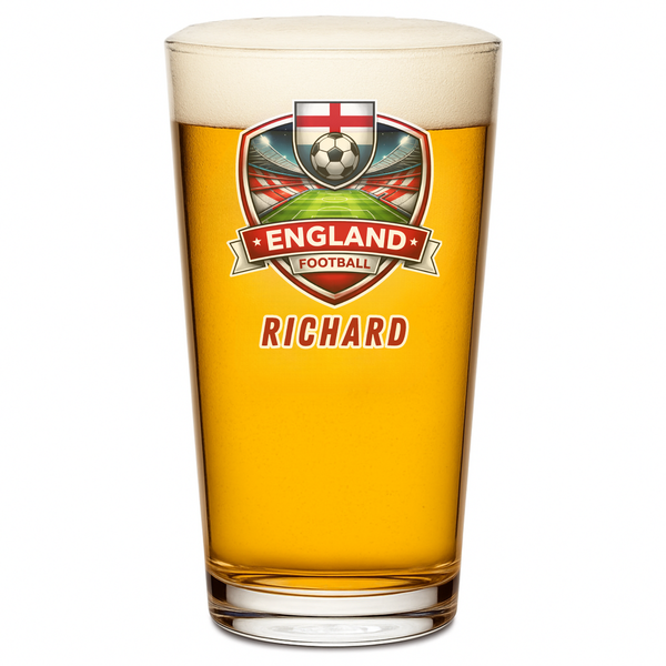 Personalised England football pint glass custom printed with name and England crest design
