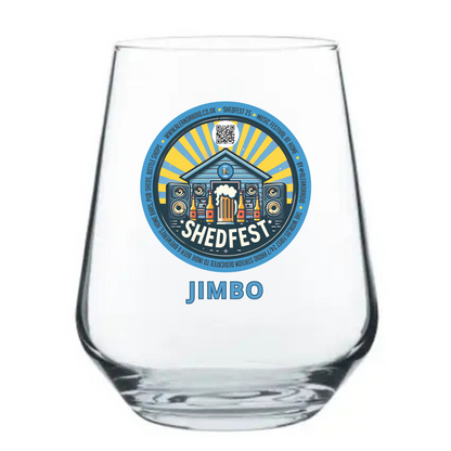 Personalised Shed Fest 25 beer glass with back garden music festival design, custom name option, shown with engraved slate coaster and stainless steel bottle opener. August Bank Holiday Weekend