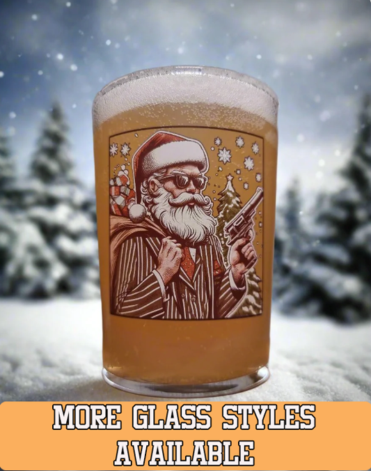 Holly Heist Cheer: Limited Edition Xmas Glass with Gangster Santa, Pinstripes, and Holiday Heat