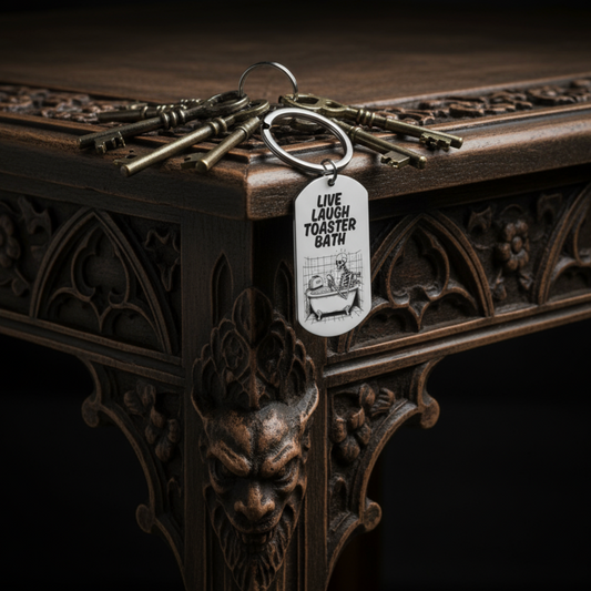 Live Laugh Toaster Bath Stainless Steel Keyring – Laser Engraved Dark Humour Keychain with Skeleton in Bathtub – Funny Goth Gift, Emo Aesthetic Accessory