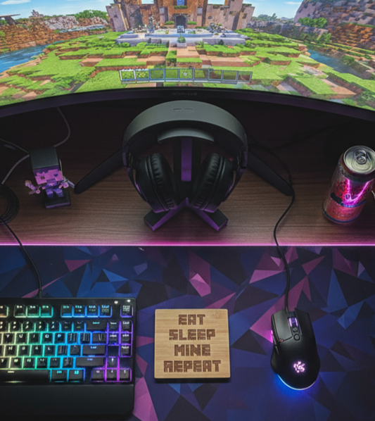 Eat Sleep Mine Repeat Bamboo Coaster – Laser Engraved Gamer Coaster – Funny Gaming Gift for Kids, Teens & Geeks – Eco-Friendly Drink Coaster