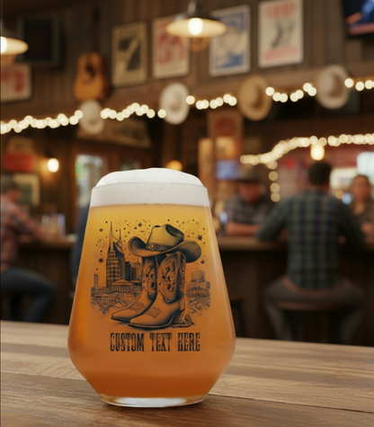 Personalised Nashville Skyline Country & Western Glass – Ink Printed, Dishwasher Safe | Custom Text | Optional Matching Bamboo Coaster