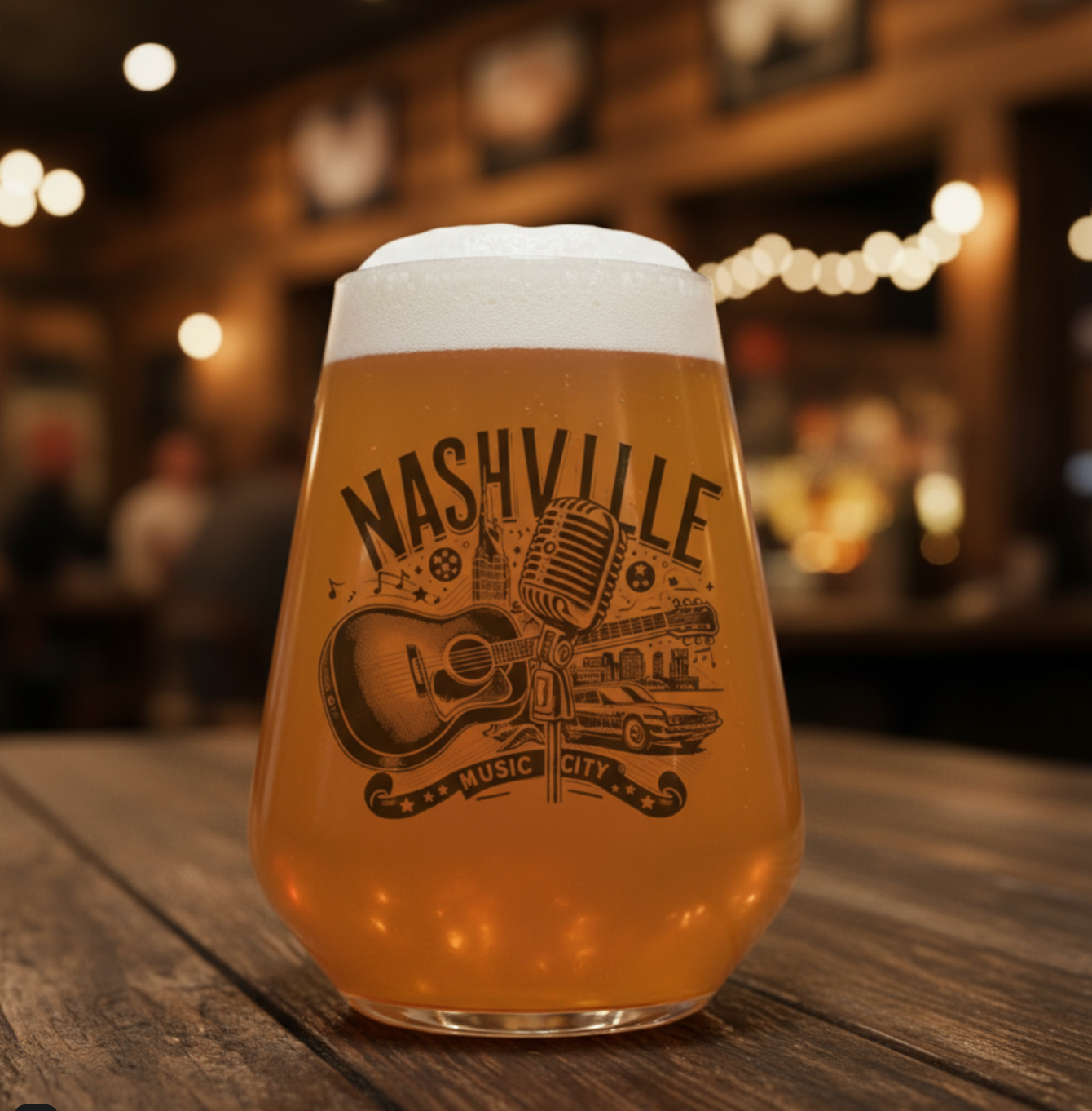 Personalised Western / Country Beer Glass - Retro Guitar & Microphone – 'Nashville Music City' Vintage Line Art