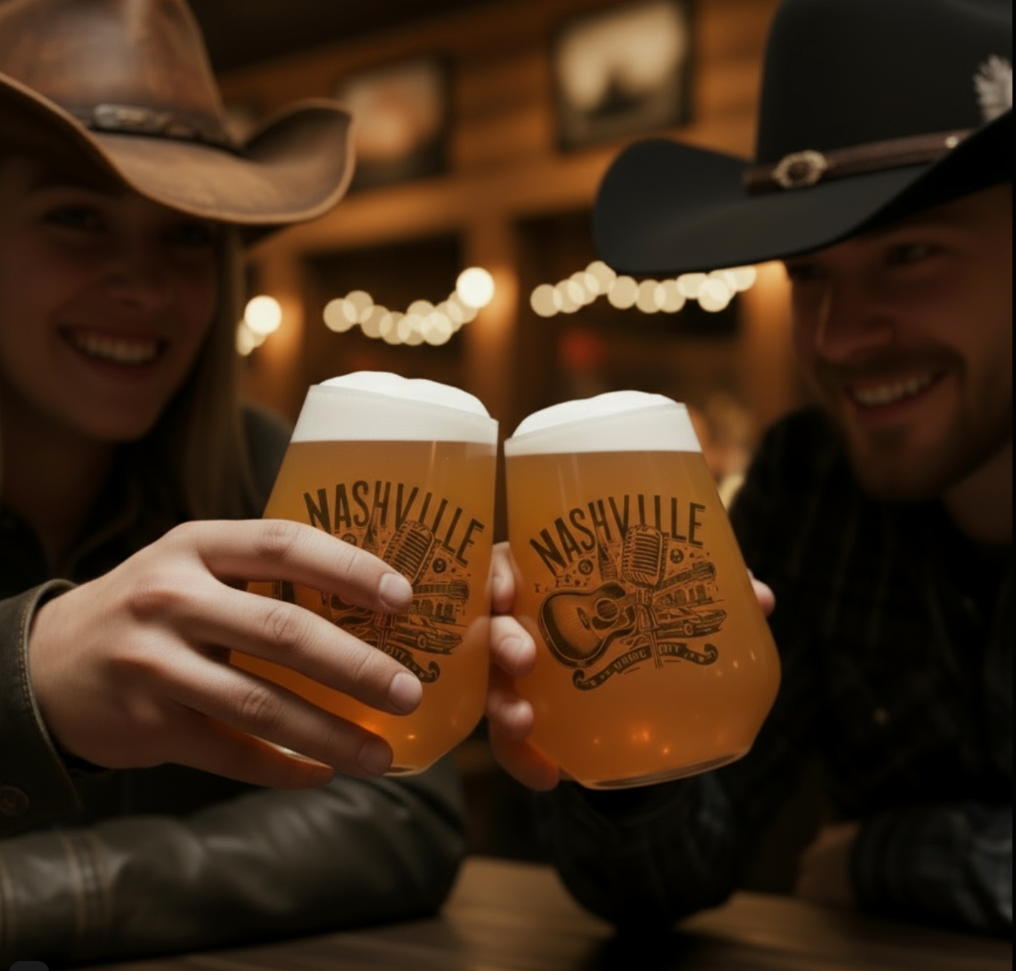 Personalised Western / Country Beer Glass - Retro Guitar & Microphone – 'Nashville Music City' Vintage Line Art