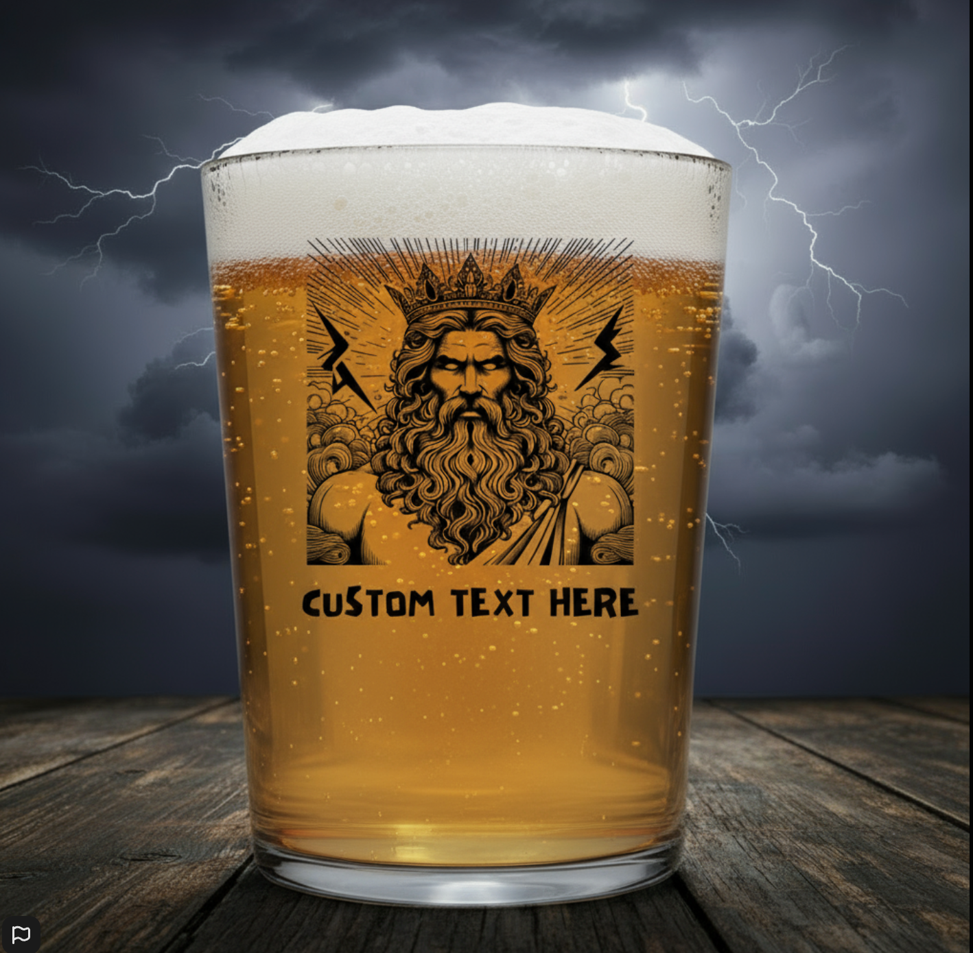Custom Zeus Pint Glass – Greek Mythology Beer Glass with Lightning Bolt & Crown Design