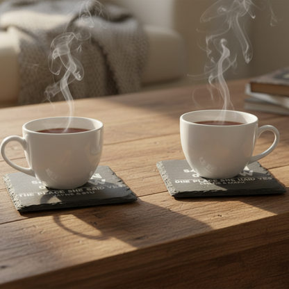 Personalised slate coasters with engraved GPS coordinates and custom names - wedding engagement gift