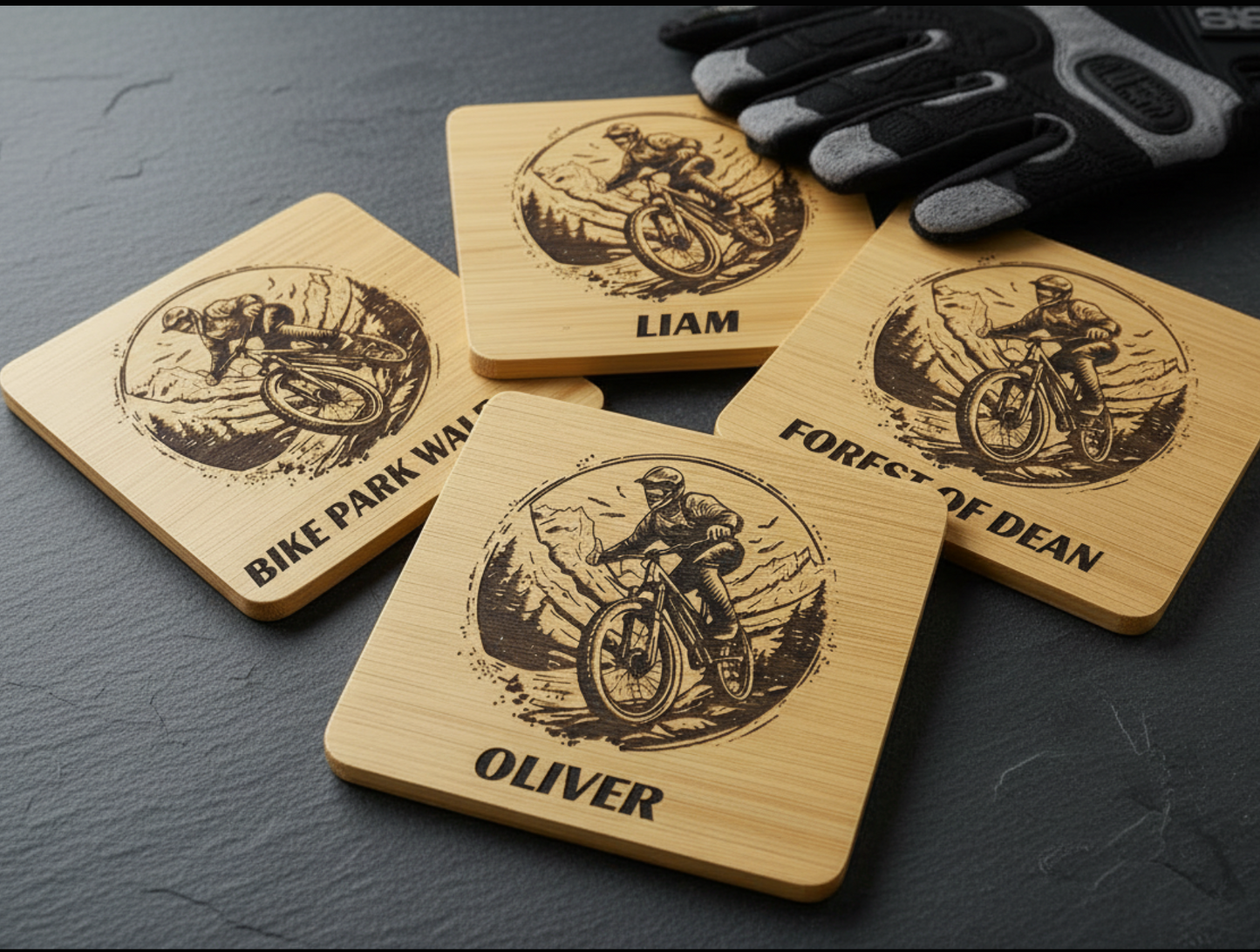 Personalised Mountain Bike MTB Coaster - Custom Engraved Wood / Slate Coaster Gift