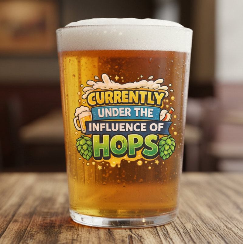 Currently Under the Influence of Hops Beer Glass – Funny Craft Beer Pint Glass First Glass Designs