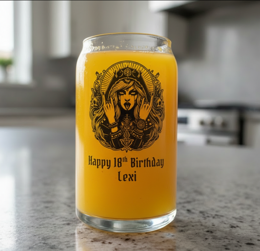 Personalised 18th birthday beer glass with custom name and mystical gothic goddess design filled with beer