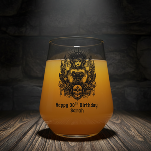Personalised 30th birthday wine glass with hand-etched custom name and age, featuring gothic mystical goddess design with sun rays, protective wings, skull and rose decorations