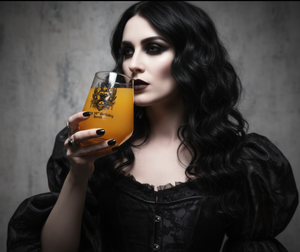Personalised 30th milestone birthday wine glass with custom name engraving, featuring dark mystical goddess illustration with gothic and celestial design elements