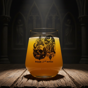 Personalised gothic skull beer glass with custom 21st birthday name, dark alternative design