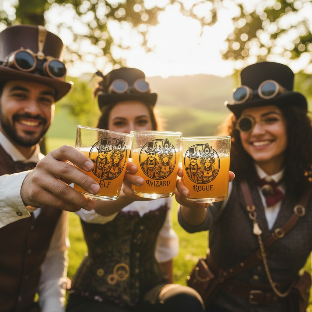 personalised steampunk gift idea, beer glass with printed design and custom name added