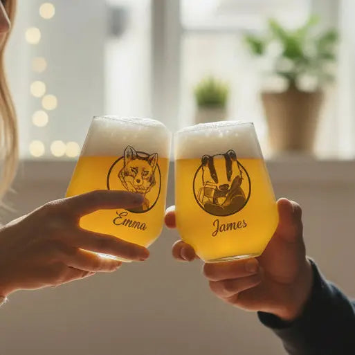 Custom Fox & Badger / His & Hers Beer Tumbler Wine Glassware - Perfect Gift Idea for Boyfriend / Girlfriend / Husband / Wife / Wedding / Anniversary FirstGlassDesigns