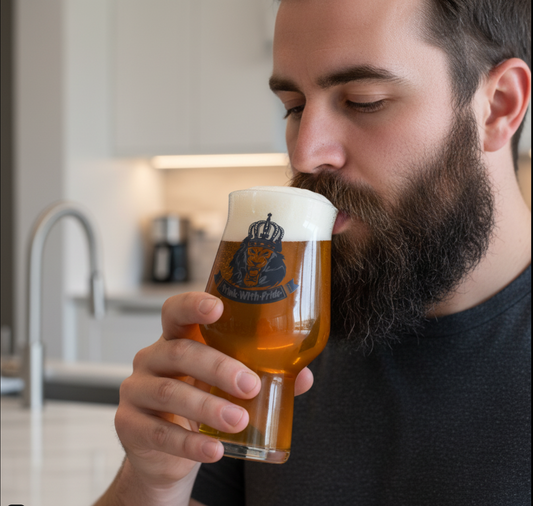 Personalised Lion's Pride Craftmaster beer glass filled with beer — lion gift for craft beer lovers, printed glassware UK by First Glass Designs