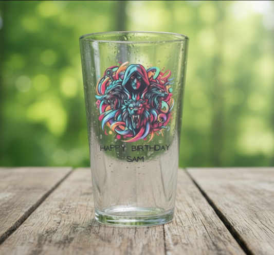 Hades and Cerberus personalised Greek mythology pint glass — graffiti art design with custom birthday message by First Glass Designs UK