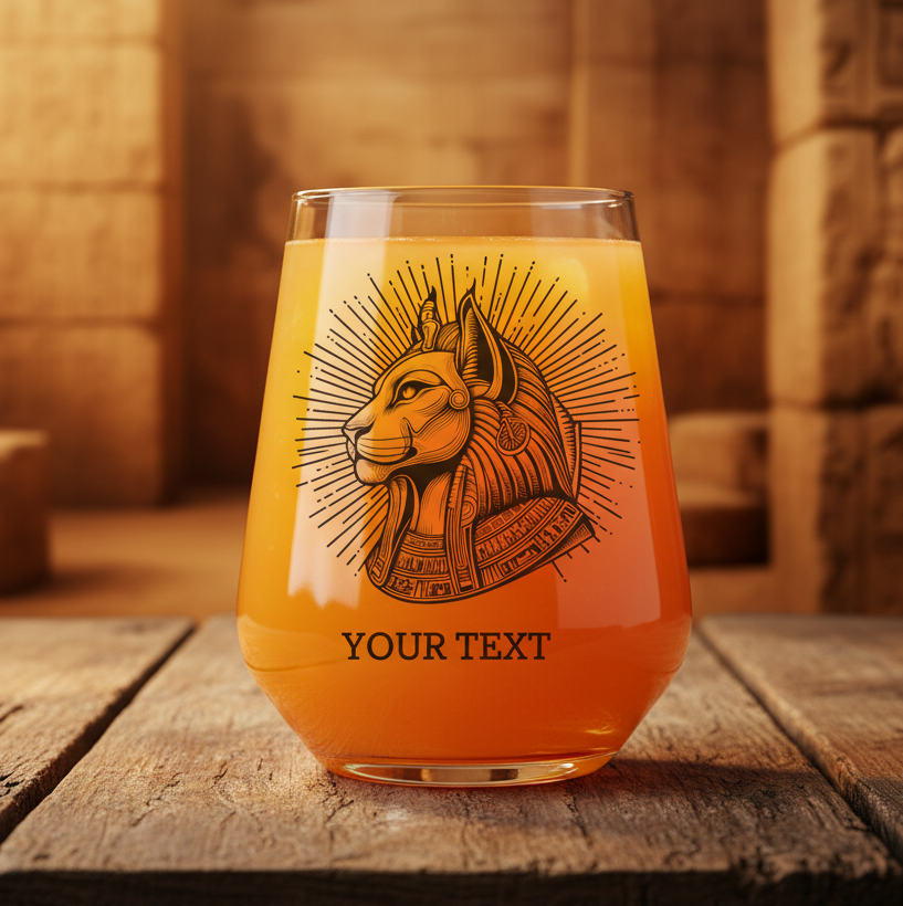 Personalised wine glass featuring Sekhmet, Egyptian lion-headed goddess, with radiating sun disk halo and ornate collar, custom text at base