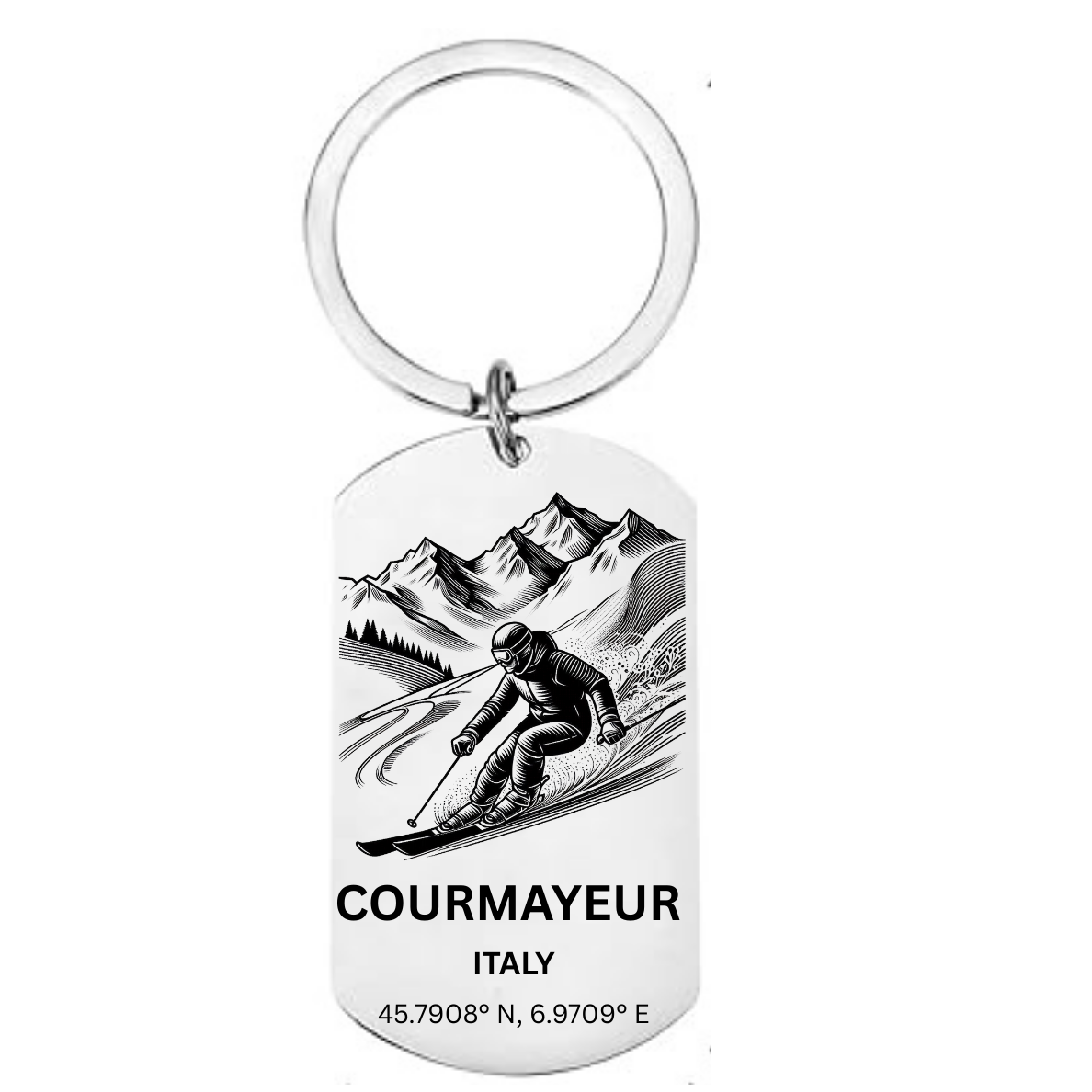 Courmayeur skiing keyring Italy with mountain skier GPS coordinates Mont Blanc laser engraved stainless steel