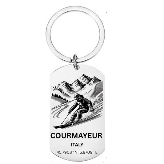 Courmayeur skiing keyring Italy with mountain skier GPS coordinates Mont Blanc laser engraved stainless steel