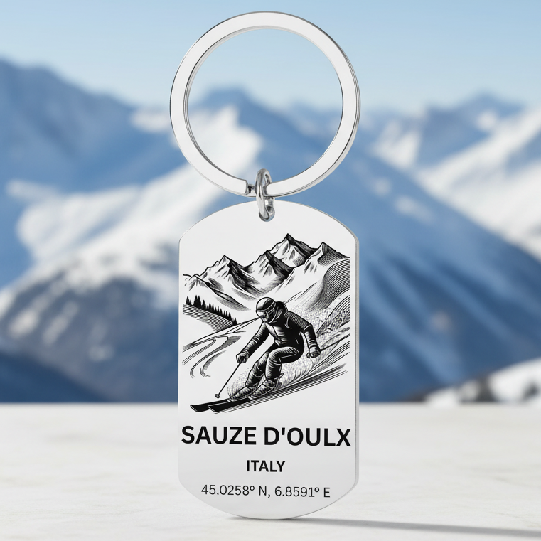Keychain with a skier design and text 'Sauze d'Oulx, Italy' on a white background