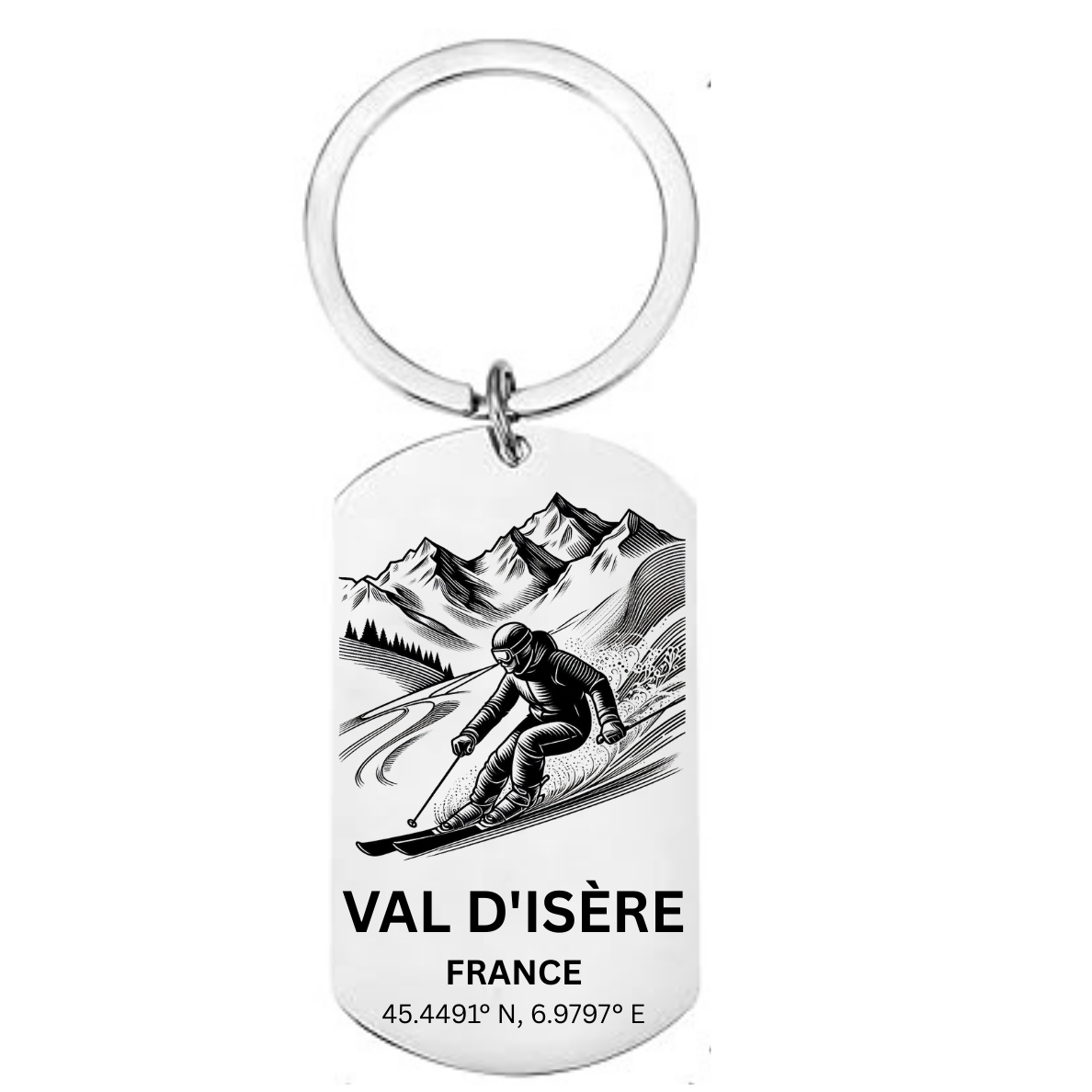 Val d'Isère skiing keyring France with mountain skier GPS coordinates Espace Killy laser engraved stainless steel
