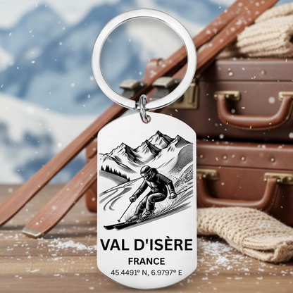 Val d'Isère skiing keyring France with mountain skier GPS coordinates Espace Killy laser engraved stainless steel
