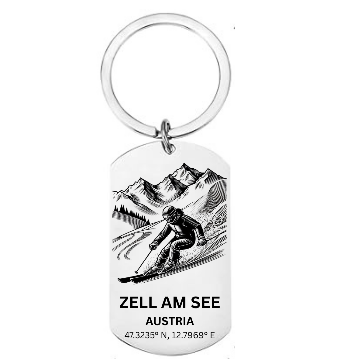 Zell am See skiing keyring Austria with mountain skier GPS coordinates lake resort laser engraved stainless steel