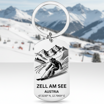Zell am See skiing keyring Austria with mountain skier GPS coordinates lake resort laser engraved stainless steel