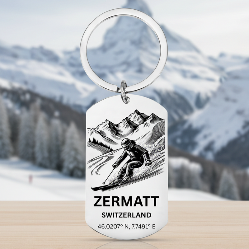 Keychain with a skier design and 'Zermatt Switzerland' text on a white background