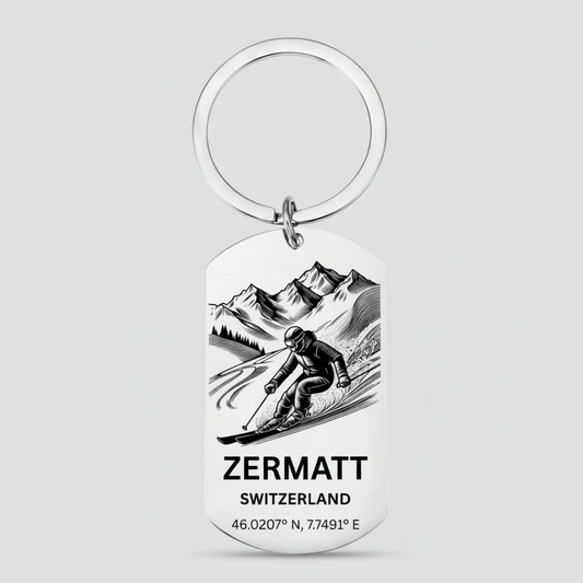 Zermatt Skier Keyring | Laser Engraved Ski Resort Gift First Glass Designs