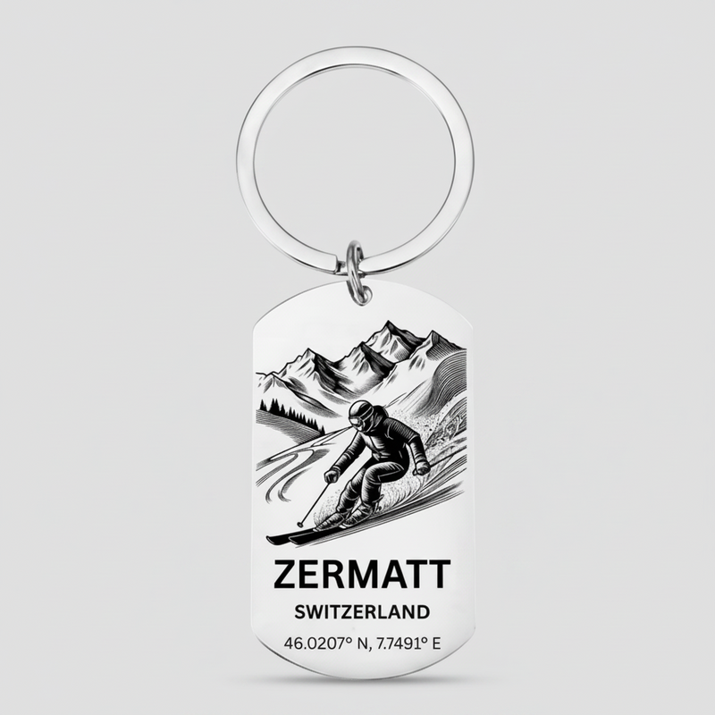 Zermatt Skier Keyring | Laser Engraved Ski Resort Gift First Glass Designs