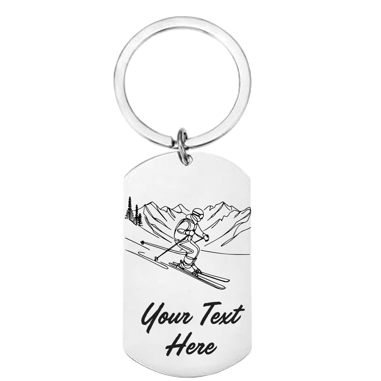 Keychain with a skiing design and 'Your Text Here' text on a white background