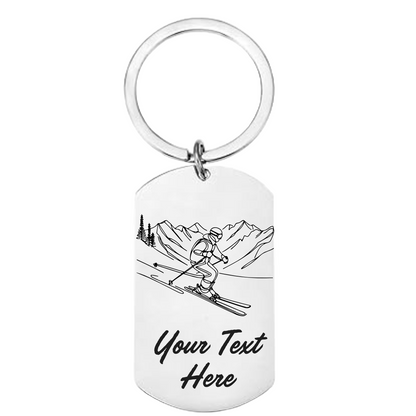 Keychain with a skiing design and 'Your Text Here' text on a white background