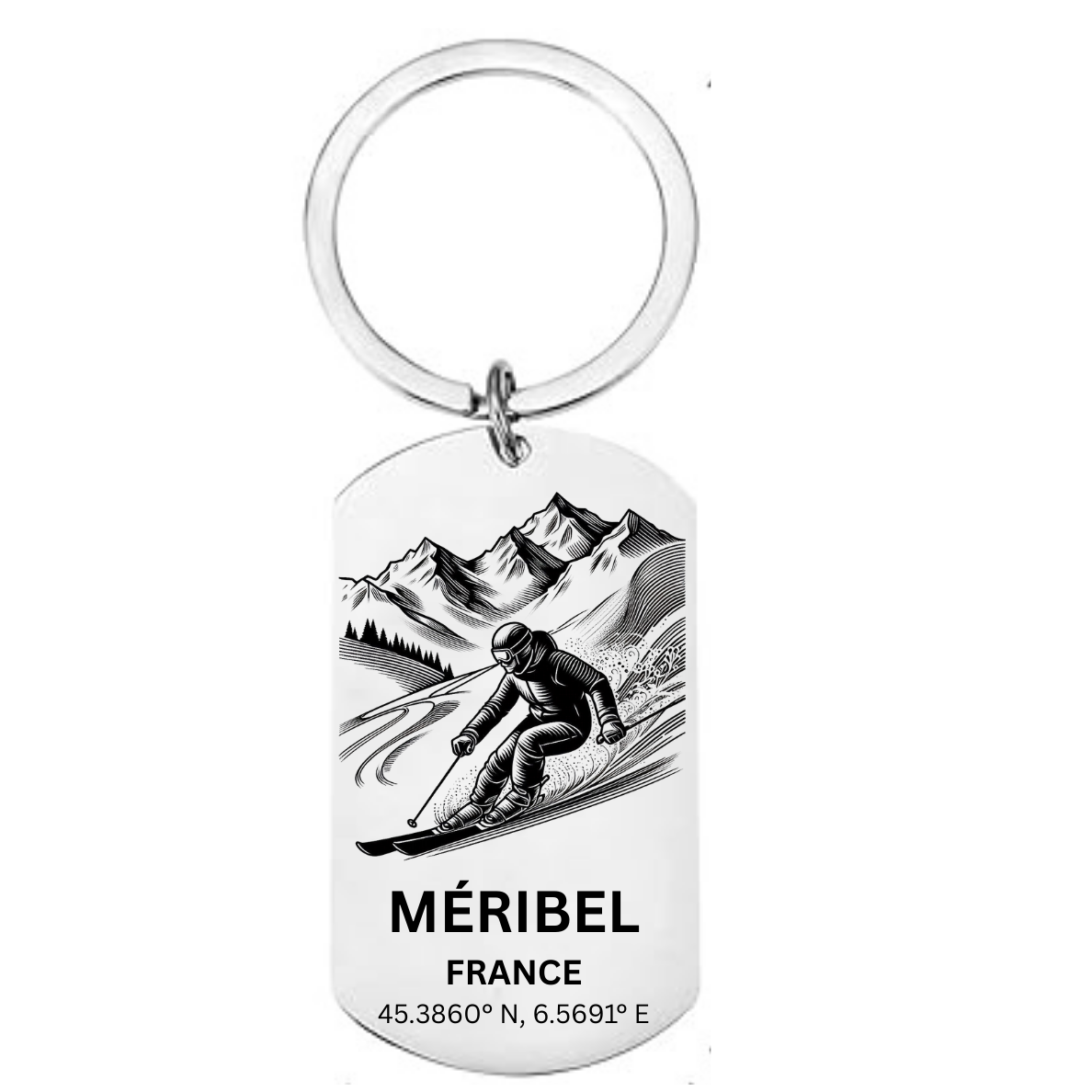 Mayrhofen skiing keyring Austria with mountain skier GPS coordinates Zillertal laser engraved stainless steel