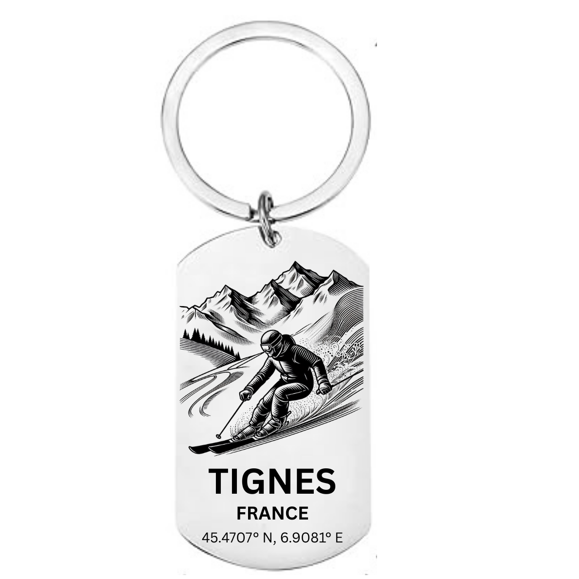 Tignes skiing keyring France with mountain skier GPS coordinates Espace Killy laser engraved stainless steel
