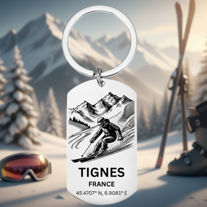 Tignes skiing keyring France with mountain skier GPS coordinates Espace Killy laser engraved stainless steel
