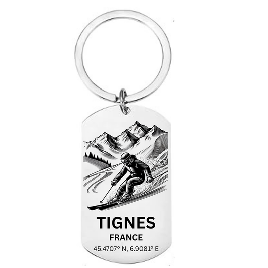 Tignes skiing keyring France with mountain skier GPS coordinates Espace Killy laser engraved stainless steel