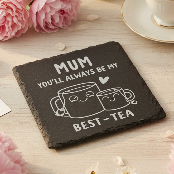 Slate coaster engraved with two cups of tea and the quote “You’ll always be my best-tea”, gift for Mum.
