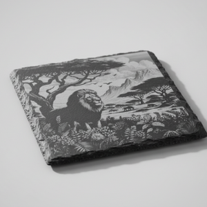 Slate coaster laser engraved with lion and African savanna landscape scene