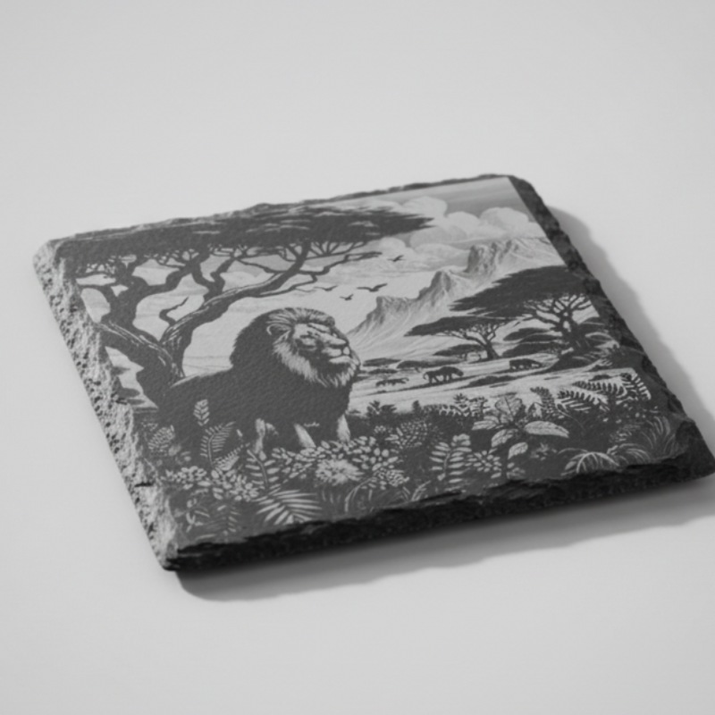 Slate coaster laser engraved with lion and African savanna landscape scene
