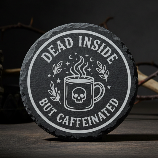 Laser engraved slate coaster with skulls, coffee cups and the text “Dead Inside But Caffeinated”.