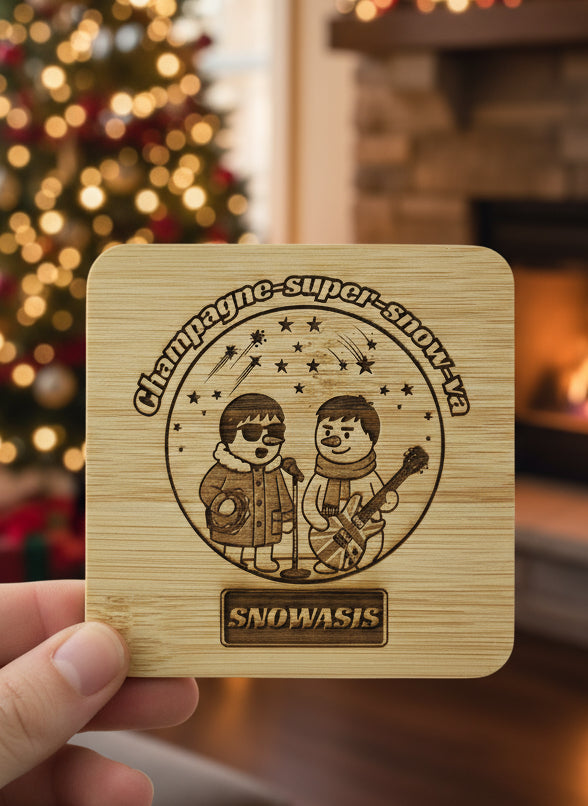 Personalised Christmas bamboo coaster with Gallagher-inspired snowmen and text “Champagne Super Snow-va” – novelty holiday gift. Snowasis